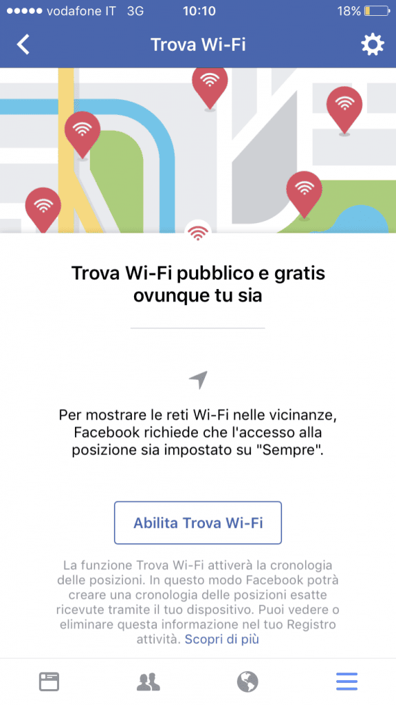 facebook wifi schermata utente