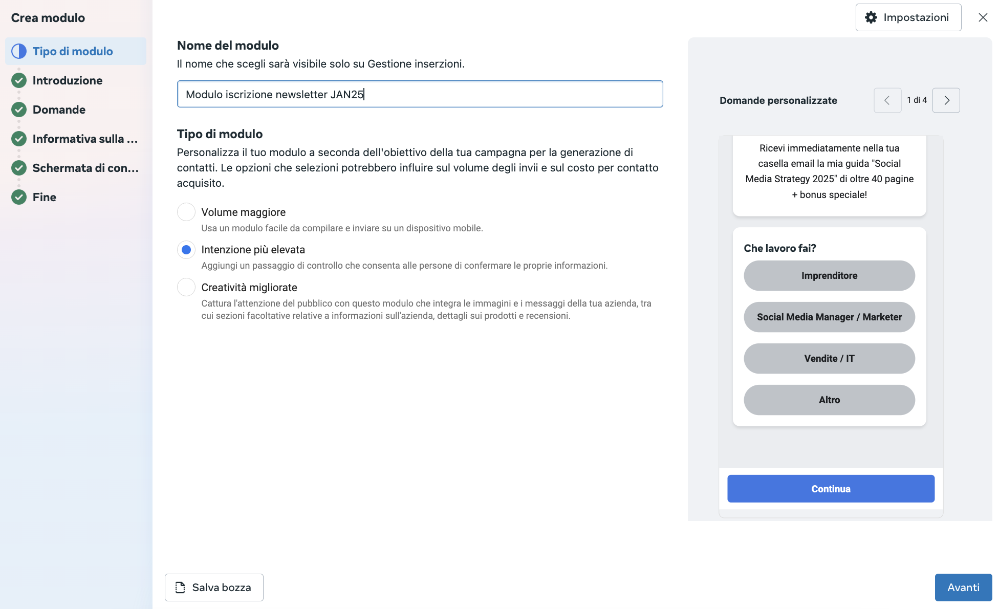 esempio modulo acquisizione contatti