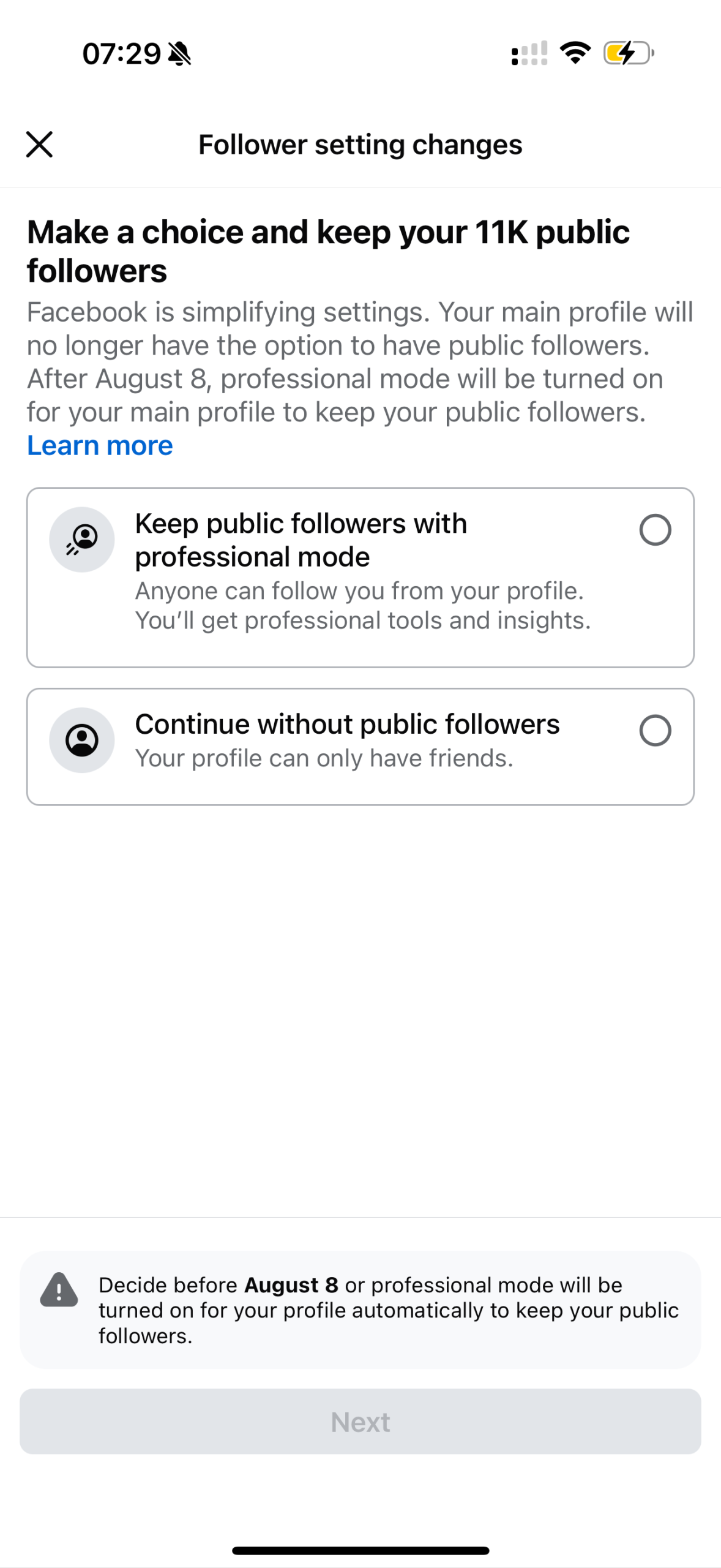 notifica profilo professionale facebook