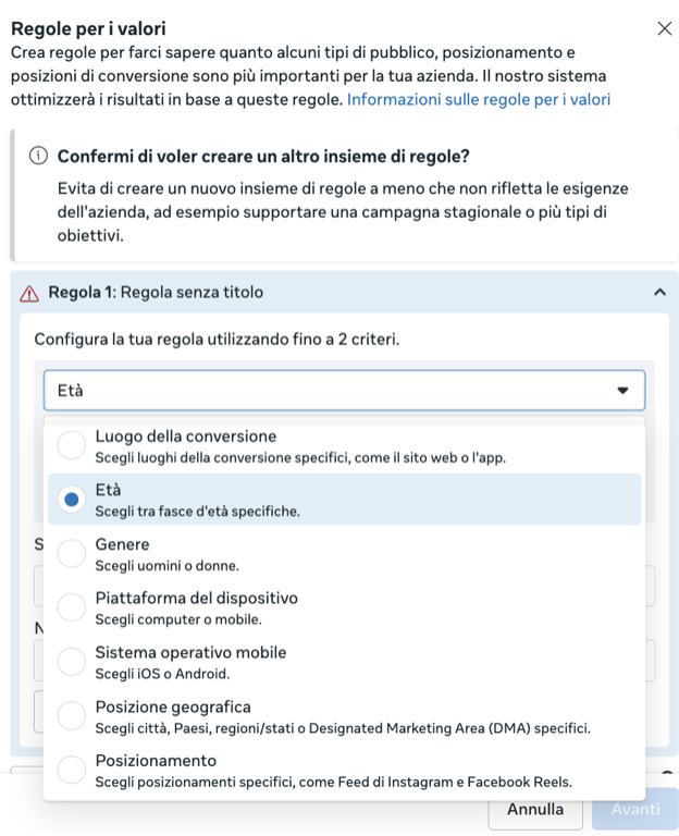 regole valori meta ads