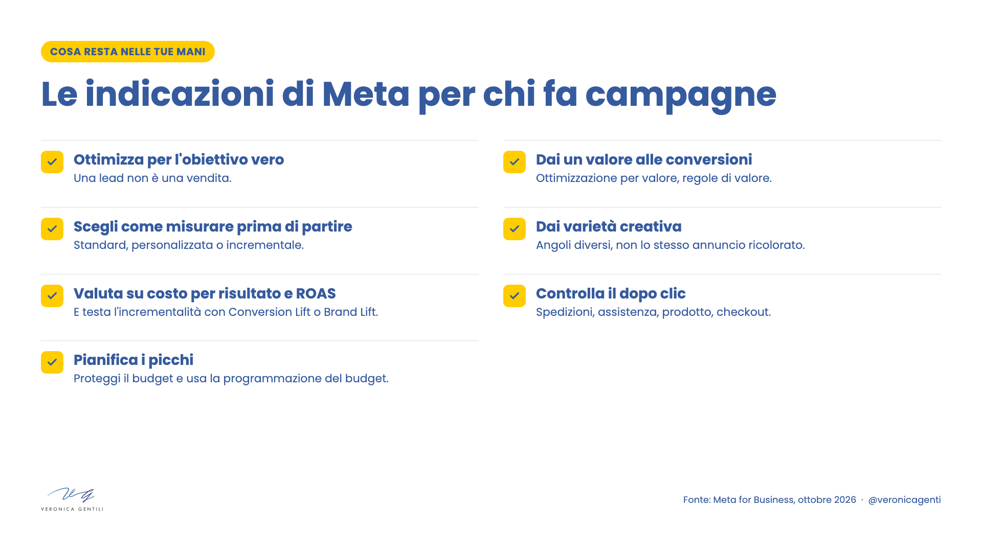 Le indicazioni di Meta per chi fa campagne: obiettivo vero, valore delle conversioni, misurazione, varietà creativa, costo per risultato, dopo clic, picchi
